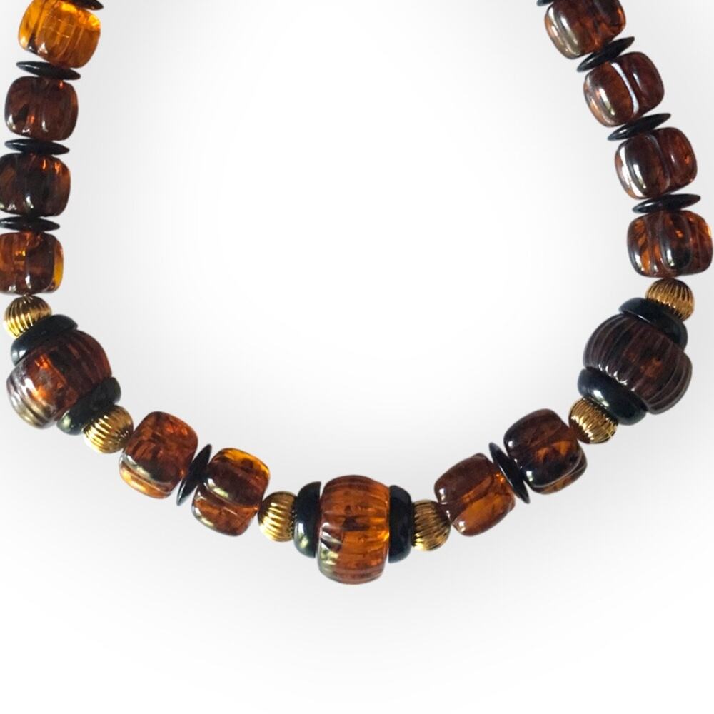 Vintage faux tortoiseshell ornate plastic beaded necklace, hidden barrel clasp